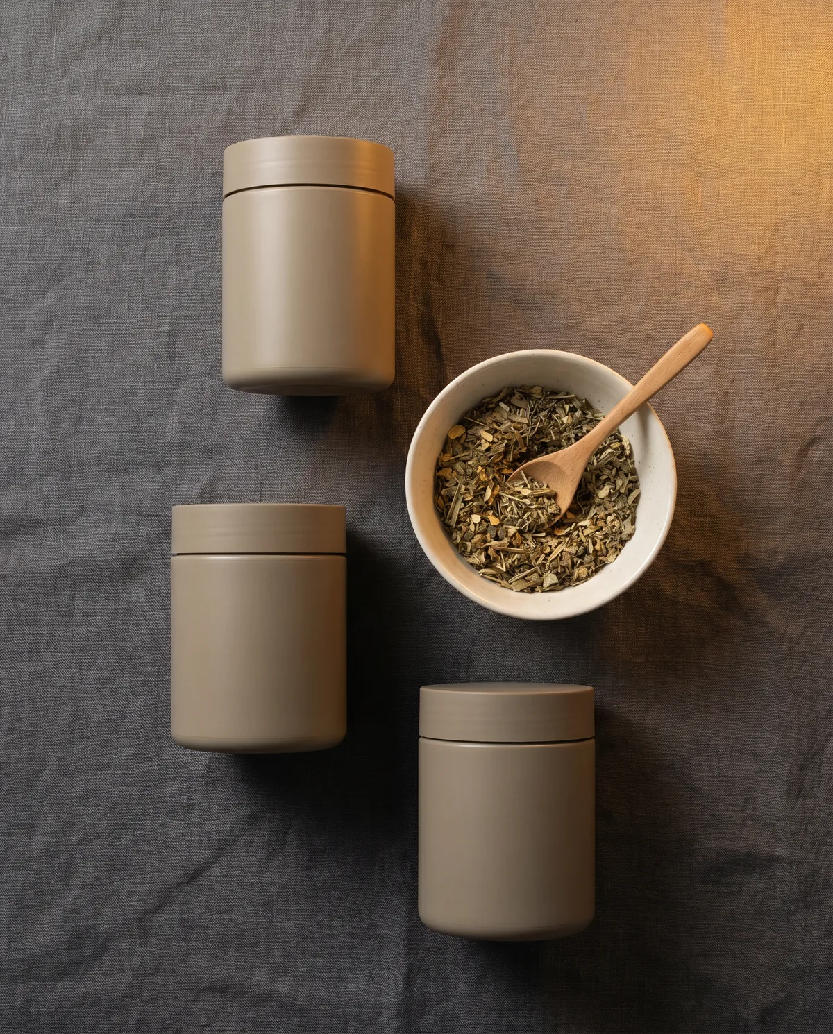 Overhead flat-lay of three supplement tubs and an ingredient bowl on charcoal linen.