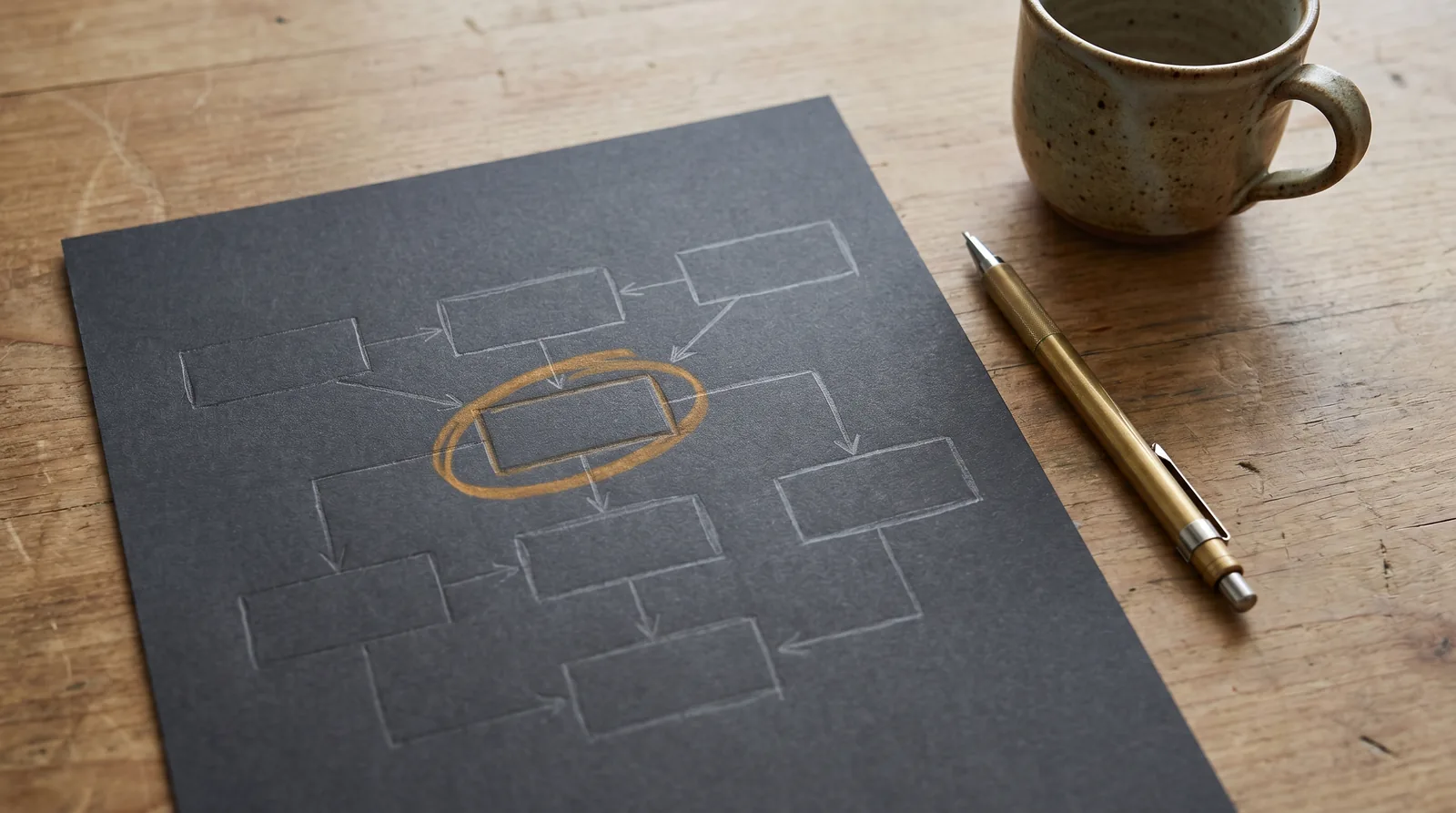 Hand-drawn workflow diagram on charcoal paper with one node highlighted in warm amber.