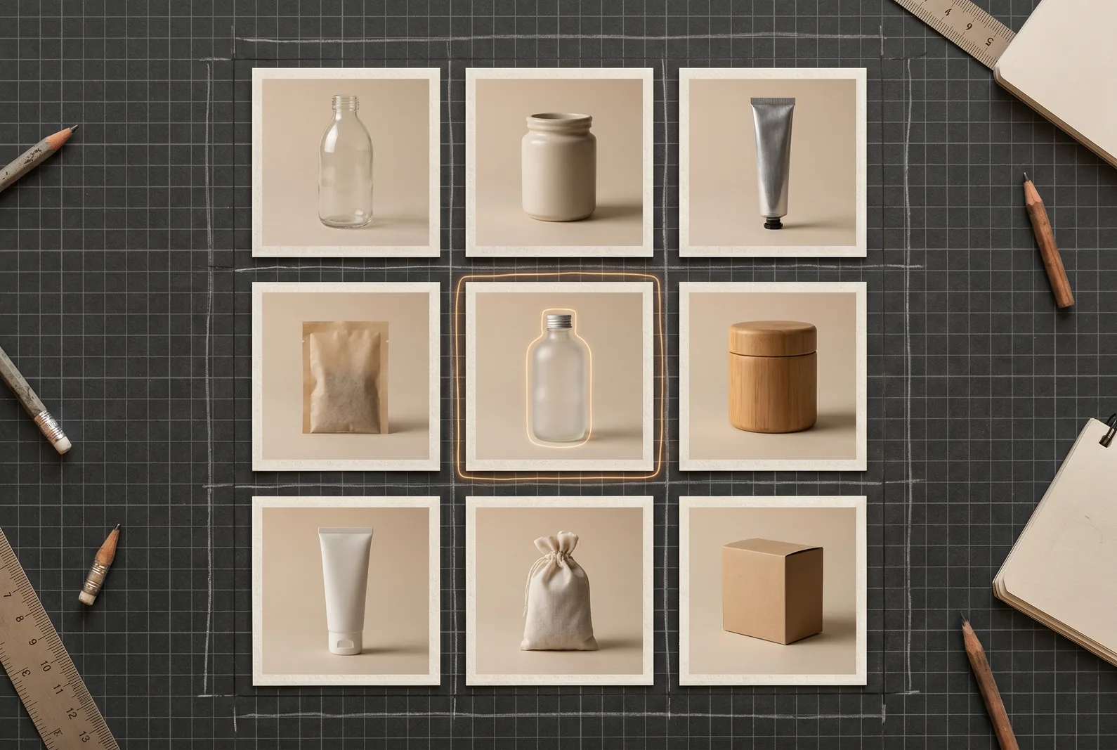 Top-down flat-lay of nine unbranded product tiles on charcoal grid paper, one tile highlighted in warm amber.