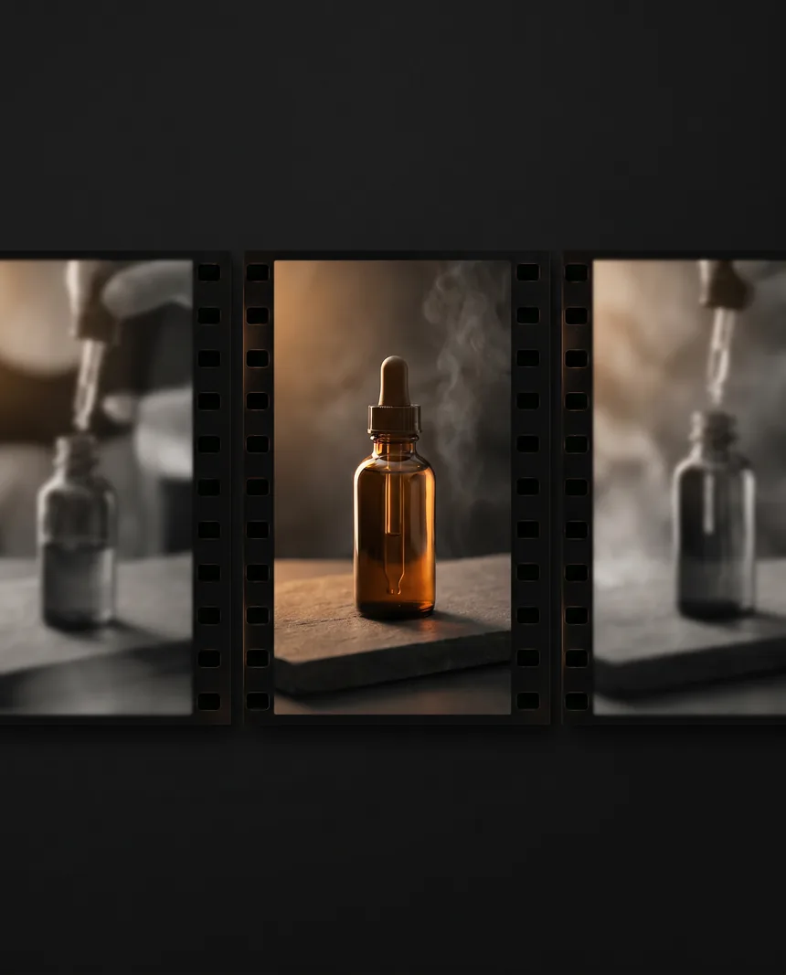 Three vertical 9:16 video stills side-by-side, the middle one in sharp focus showing a warm-amber product reveal.